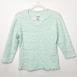 Haystacks Mint Green Blouse 3/4 Sleeve Ruffled Floral Stretch Shirt Medium Artsy